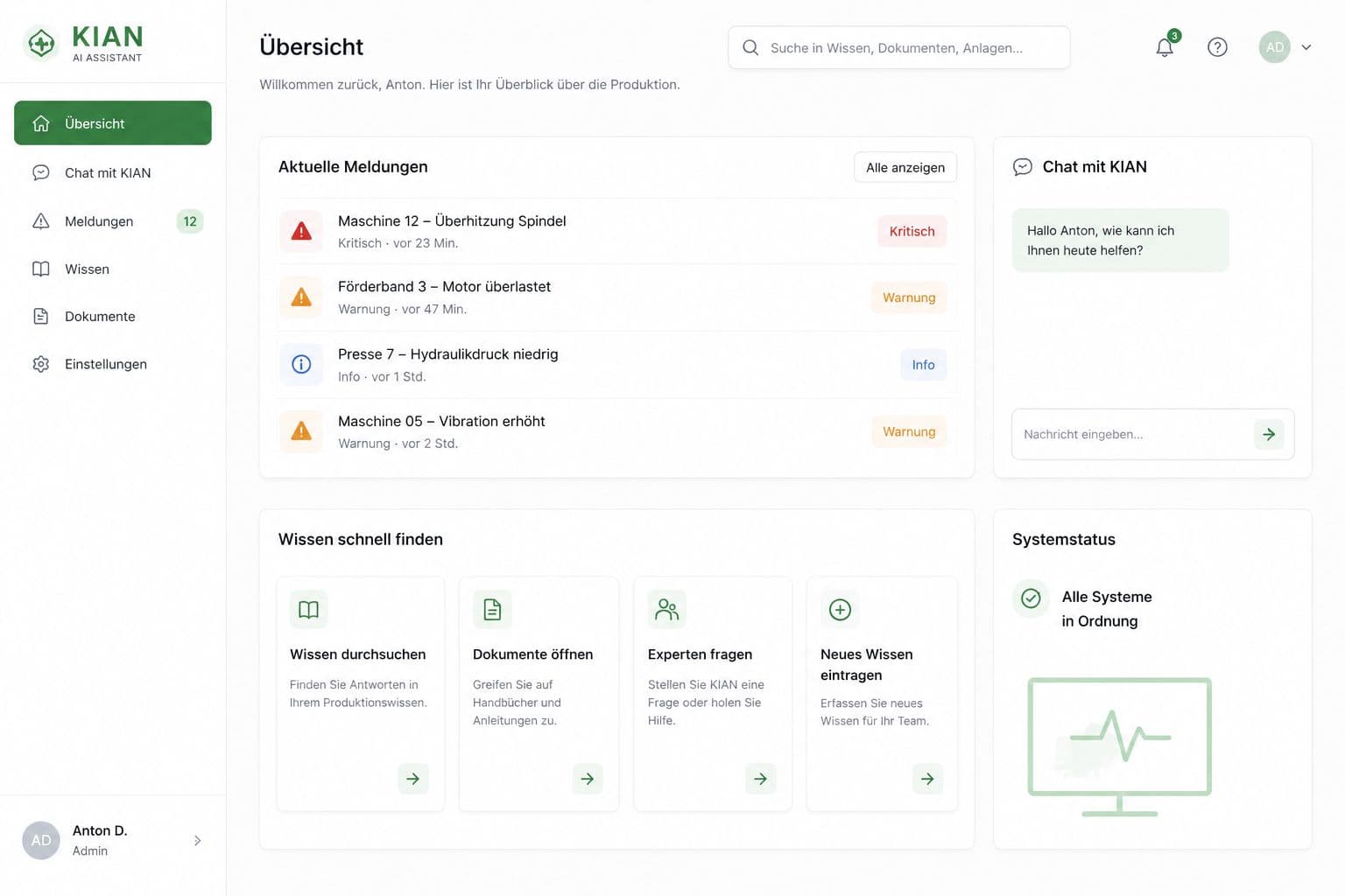 KIAN Dashboard für Produktionsübersicht, Meldungen und Chat
